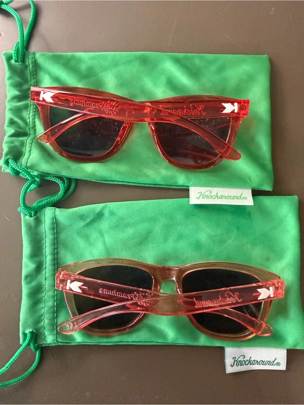 Kids Red Transparent KNOCKAROUND Sunglasses with Mirrored Lenses. Two pair.